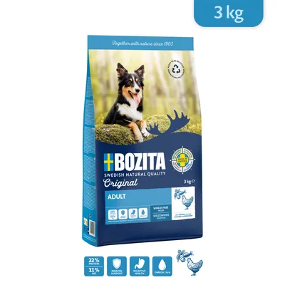 BOZITA Swedish Natural Quality Original Adult hundefoder, 3 kg. 22 % protein, 11 % fedt, wheat free, immune support, digestive health, omega 3 & 6. Made in Sweden. Billede af hund på posen.