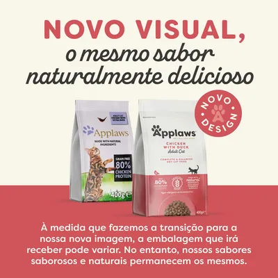 Novo visual, o mesmo sabor naturalmente delicioso. Novo design. Applaws Adult Cat Chicken with Duck 400g. Embalagens antigas e novas de ração para gato visíveis.
