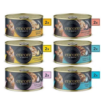 Encore in Broth Katzenfutter, 100% natürliche Zutaten. Sorten: Hühnerbrust, Hühnerbrust mit Käse, Hühnerbrust mit Schinken, Sardine mit Thunfischfilet, Thunfischfilet mit Garnele, Meeresfisch. Je 2x.