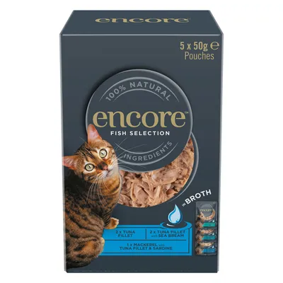 Encore Fish Selection, 5 x 50g annospussia. 100 % luonnolliset ainesosat. Lajit: tonnikalafile, tonnikala ja dorada, makrilli ja tonnikala sekä sardiini liemessä.
