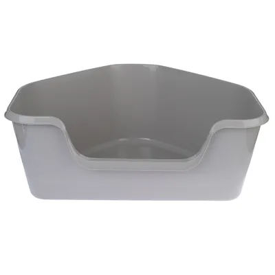 Grey plastic corner tray with lowered entry, suitable for space-saving use.