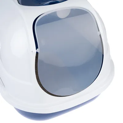 Weisse Katzentoilette mit transparenter Schwingtür und dunkelblauer Basis, geeignet für diskrete Nutzung.