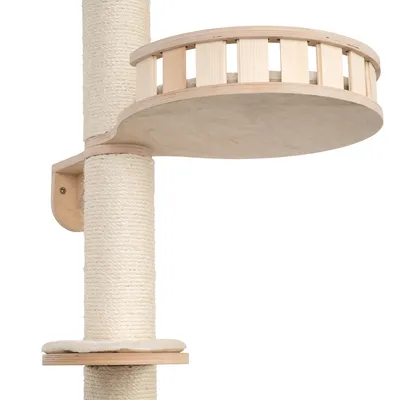 Cat tree made of wood with sisal-wrapped post, platform and round lying surface with railing.