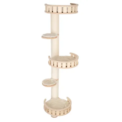 Cat tree made of light wood with four levels, sisal post and padded resting areas.