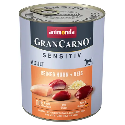 Animonda GranCarno Sensitiv Adult, чисто пиле + ориз, 100% пресни съставки, без глутен, произведено в Германия.