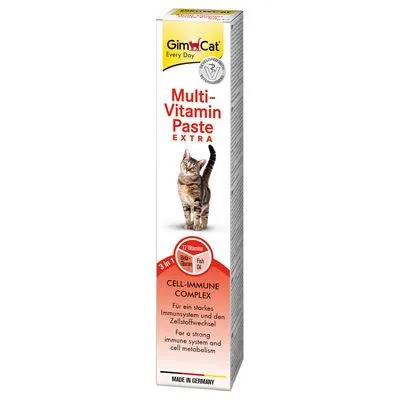 GimCat Multi-Vitamin Paste Extra, 12 vitamines, biotine, visolie. CELL-IMMUNE COMPLEX. Voor een sterk immuunsysteem en celstofwisseling. Made in Germany.