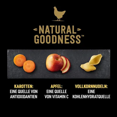 Natural Goodness. Karotten: Eine Quelle von Antioxidantien. Apfel: Eine Quelle von Vitamin C. Vollkornnudeln: Eine Kohlenhydratquelle.