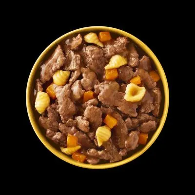 Natte dierenvoeding in een gele kom, zichtbaar met stukjes vlees, oranje blokjes en lichtgele schijfjes in saus. Geen merknaam of tekst zichtbaar.