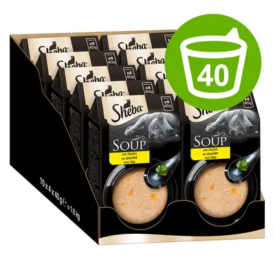 Caja de 40 sobres Sheba Soup mit Huhn, cada sobre de 40 g. Texto visible: x4 40g, mit Huhn, au poulet, met kip. Imagen de sopa con pollo y perejil en el envase.