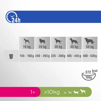 Feeding guide by dog weight: 10 kg 145–160 g, 20 kg 240–265 g, 30 kg 325–360 g, 40 kg 405–445 g, 50 kg 480–530 g. 372 kcal per 100 g. For dogs over 10 kg, age 1+ years.