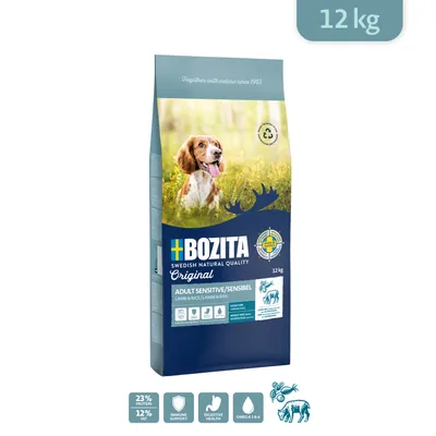 Bozita Original Adult Sensitive/Sensibel Lamb & Rice torrfoder för hund, 12 kg. Synlig text: 23 % protein, 12 % fett, immune support, digestive health, omega 3 & 6.