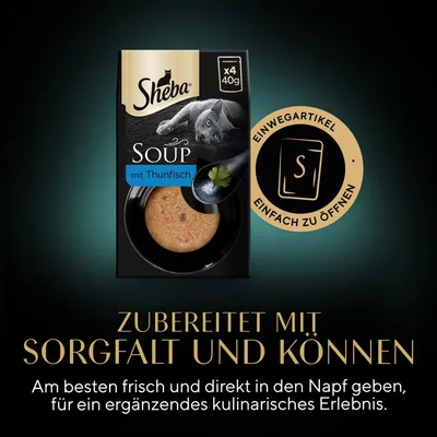 Sheba Soup mit Thunfisch, x4 40g. Einwegartikel, einfach zu öffnen. Zubereitet mit Sorgfalt und Können. Frisch direkt in den Napf geben für ein ergänzendes kulinarisches Erlebnis.