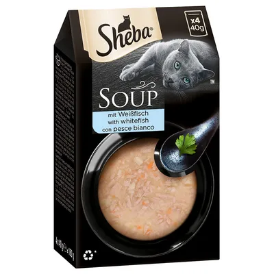 Sheba Soup mit Weißfisch with whitefish con pesce bianco, pakiranje 4×40 g. Prikaz juhe za mačke s bijelom ribom u crnoj zdjelici i žlici s peršinom.