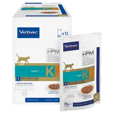 Virbac Veterinary HPM Cat Early Kidney & Joint, indicación dietética para salud renal y articular, paquete de 12 x 85g sobres. Alto contenido en proteínas, bajo en fósforo.