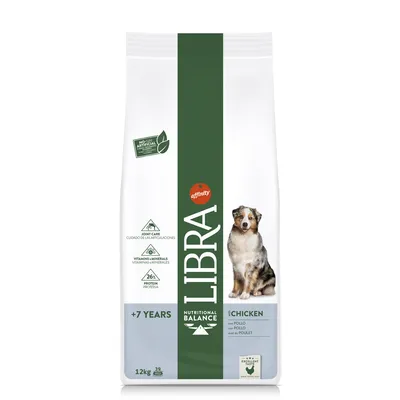 Sac de croquettes pour chien Libra affinity, 12 kg, poulet, +7 ans, 26 % protéines, vitamines et minéraux, soin des articulations, sans colorant artificiel visible sur l’emballage.