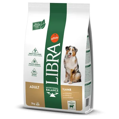Sac de croquettes pour chien adulte Libra Nutritional Balance avec agneau, 3 kg. Affinity. Texte visible : strong teeth & bones, vitamins & minerals, 24% protein, excellent taste.