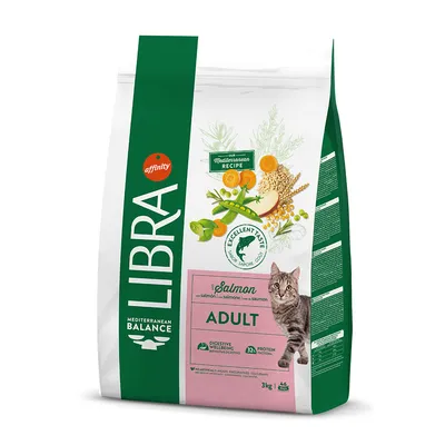 Libra Mediterranean Balance Adult cat food with salmon, 3kg bag. Visible text: Digestive wellbeing, 32% protein, no artificial flavours, colours or preservatives. Image of a cat on pack.