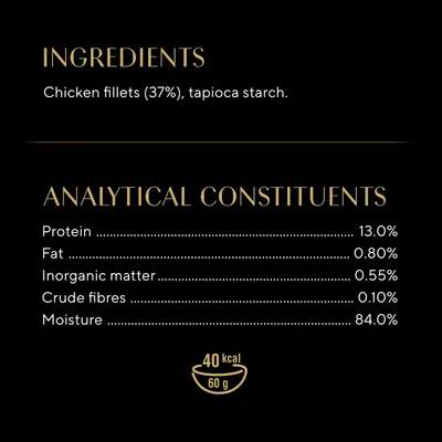 Ingredients: chicken fillets 37%, tapioca starch. Analytical constituents: protein 13%, fat 0.8%, inorganic matter 0.55%, crude fibres 0.1%, moisture 84%. 40 kcal per 60g.