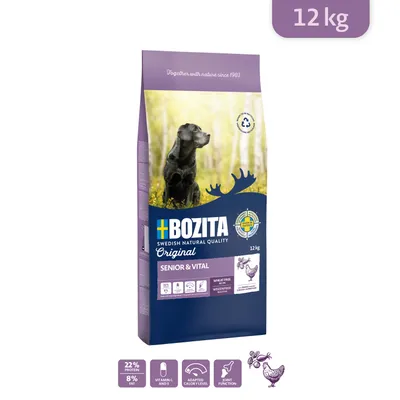 BOZITA Original Senior & Vital koiranruoka, 12 kg. Pakkauksessa maininnat: 22 % proteiinia, 8 % rasvaa, vehnätön, C- ja E-vitamiini, säädetty kaloritaso, niveltoiminto.