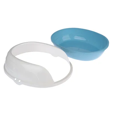 Set di due pezzi con cornice in plastica bianca e ciotola blu, adatto per accessori per pet o stazioni di alimentazione.