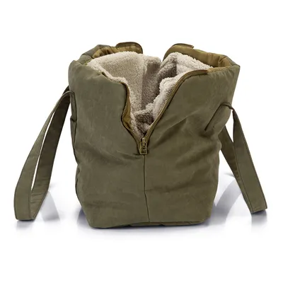 Sac de transport vert kaki avec fermeture éclair, intérieur doublé en tissu polaire beige, deux anses visibles. Aucun logo ou texte apparent.