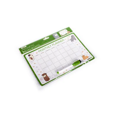 Magnetic memo board with monthly planner, animal motifs and green marker. Packaging shows product use.