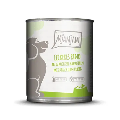 MjAMjAM Leckeres Rind an gekochten Kartoffeln mit knackigen Erbsen. Getreidefrei, viel Fleisch.