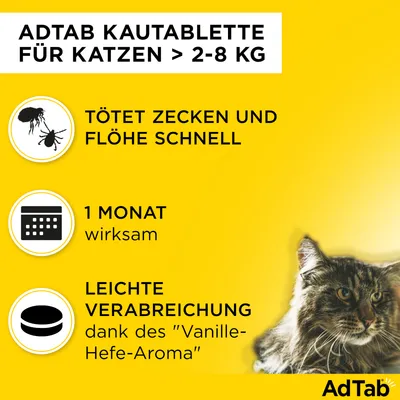 AdTab Kautablette für Katzen 2-8 kg. Tötet Zecken und Flöhe schnell, 1 Monat wirksam, leichte Verabreichung dank Vanille-Hefe-Aroma.