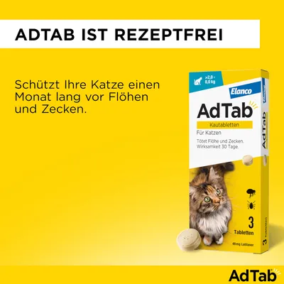 AdTab Kautabletten für Katzen, rezeptfrei. Schützt einen Monat lang vor Flöhen und Zecken. Packung mit 3 Tabletten, Wirksamkeit 30 Tage.