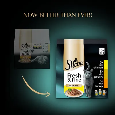 Sheba Fresh & Fine in Gravy, 15 x 50g pack, now improved. Contains 5 with chicken, 5 with poultry, and 5 with turkey. Image shows updated packaging and product varieties.