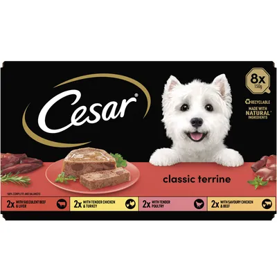 Cesar classic terrine, 8 x 150g. Contains 2 with succulent beef and liver, 2 with tender chicken and turkey, 2 with tender poultry, 2 with savoury chicken and beef.