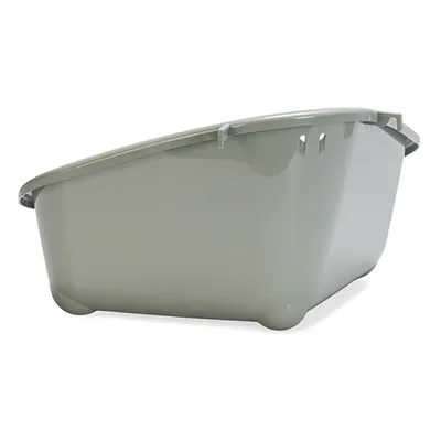 Green plastic tub with raised rim and ventilation slots, suitable for various uses.
