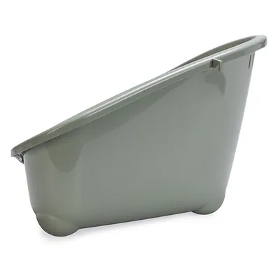 Grey plastic tray with raised edge and rounded corners, suitable for various uses.