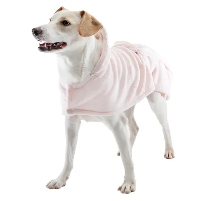 Dog wearing a pink coat with hood, suitable for cold days or after bathing.
