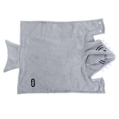 Grey towel with hood in shark design, visible Trixi brand on the front. With press studs on the sides.
