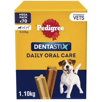 Pedigree Dentastix Daily Oral Care, mega pack of 70 for 5-10kg, recommended by vets, 1.10kg box shown with two dental sticks and a small dog illustration.