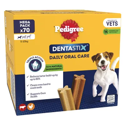 Dentastix daily oral care, mega pack of 70 for 5-10kg. Triple action: reduces tartar build-up by up to 80%, cleans hard to reach teeth, supports gum health. With natural ingredients.