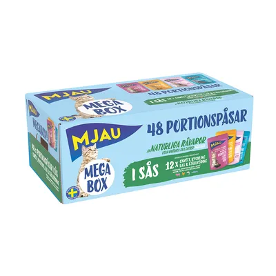 Mjau Mega Box avec 48 sachets en sauce. Ingrédients naturels sans additifs artificiels. Variétés : carotte, truite, saumon et Fjällpudding. Produit de qualité suédoise. Mjau Mega Box avec 48 sachets en sauce. Ingrédients naturels sans additifs artificiels. Variétés : carotte, truite, saumon et Fjällpudding. Produit de qualité suédoise.