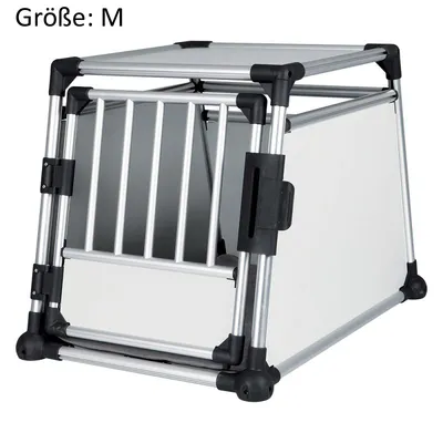 Transport box made of aluminium and plastic, size: M. Rectangular shape with grid door and sturdy black corner connectors.