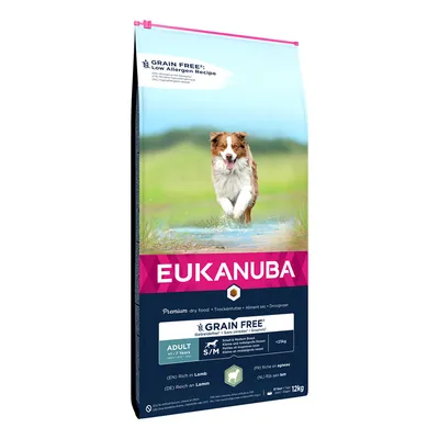 Sac de croquettes EUKANUBA Grain Free Adult S/M 1–7 ans, riche en agneau, pour chiens <25 kg, 12 kg. Recette sans céréales, faible en allergènes. Texte en anglais, allemand, néerlandais.