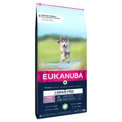 Sac de croquettes EUKANUBA GRAIN FREE Puppy Large/XL, riche en agneau, 12 kg. Indications : sans céréales, pour chiot grande race 1–24 mois. Texte en anglais et allemand visible.