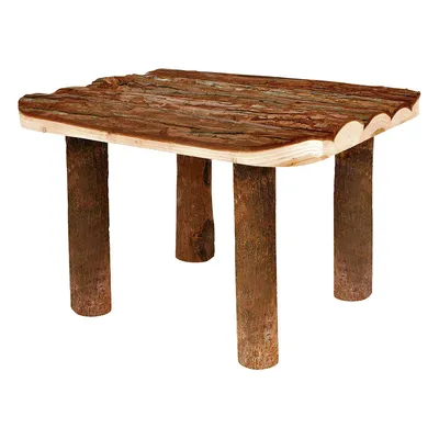 Wooden table made from natural wood with a rustic surface and four sturdy legs. Suitable for decoration or use as furniture.