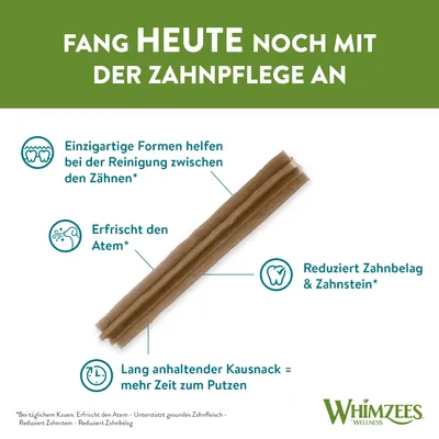 Texte en allemand : Fang HEUTE noch mit der Zahnpflege an. Einzigartige Formen helfen bei der Reinigung zwischen den Zähnen, Erfrischt den Atem, Reduziert Zahnbelag & Zahnstein, Whimzees Wellness.