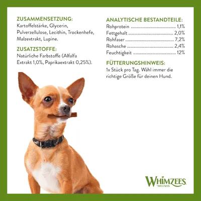 Texte en allemand : composition, additifs naturels, analyse nutritionnelle (protéines 1,1 %, matières grasses 2 %, fibres brutes 7,2 %, cendres brutes 2,4 %, humidité 12 %), conseils d’alimentation.