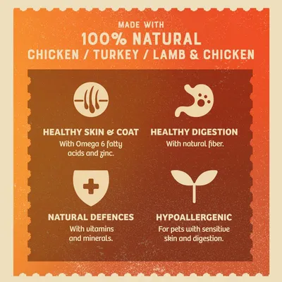 Made with 100% natural chicken, turkey, lamb and chicken. Healthy skin and coat with Omega 6 and zinc, healthy digestion with fibre, natural defences with vitamins, hypoallergenic.