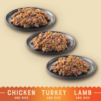 Three plates of food with visible meat and vegetables, labelled as chicken and rice, turkey and rice, and lamb and rice.