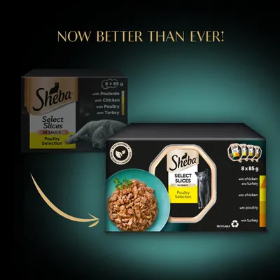 Sheba Select Slices Poultry Selection 8 x 85g pack shown with updated packaging, highlighting varieties: chicken and turkey, chicken, poultry, turkey. Text reads 'Now better than ever!'
