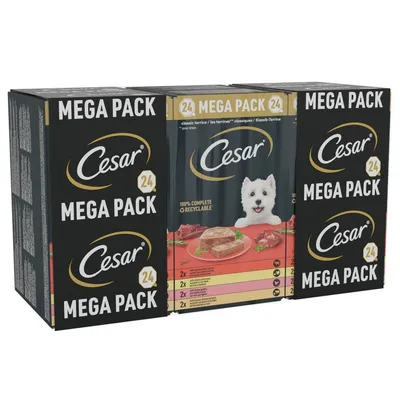 Cesar 24 Mega Pack, classic terrine selection, 100% complete and recyclable, visible portions and ingredients list on front of pack.