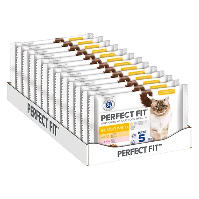 Embalagens de comida húmida para gatos Perfect Fit Sensitive 1+, visível texto: 'SUPPORTS WHOLE BODY HEALTH', 'total 5', imagem de gato, caixa expositora com várias saquetas.