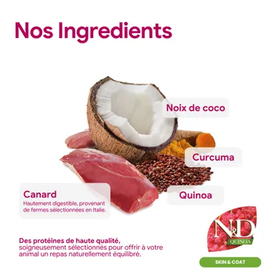 Farmina N&D Quinoa Skin & Coat Medium/Maxi canard, noix de coco, curcuma Farmina N&D Quinoa Skin & Coat Medium/Maxi canard, noix de coco, curcuma